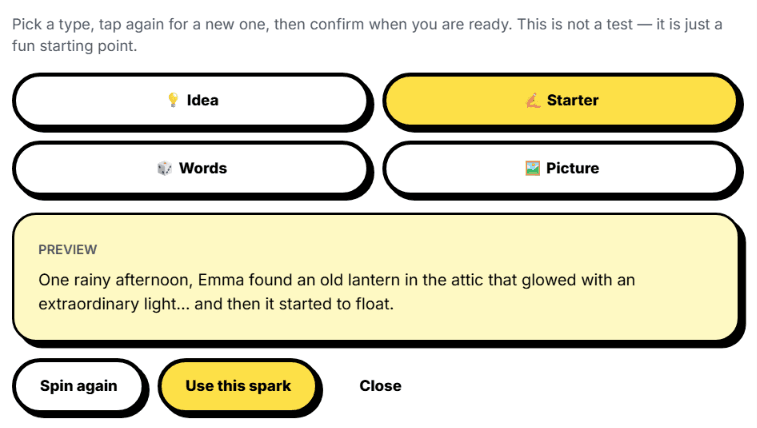 Inspiration Station showing idea, starter, words and picture prompt choices.