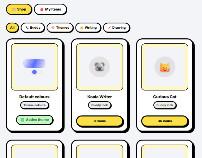 Shop screen with themes and Buddy reward items for children to unlock.