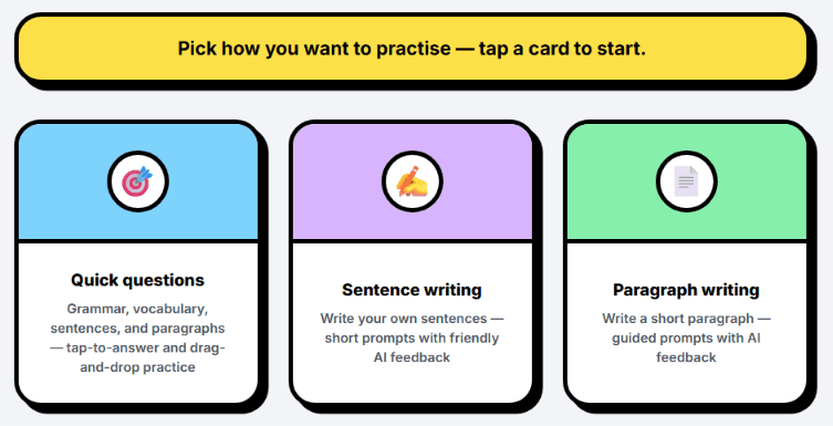 Practice picker with quick questions, sentence writing and paragraph writing cards.