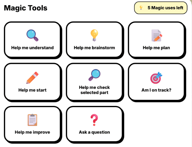Writing coach magic tools showing help options for understanding, brainstorming, planning and improving.